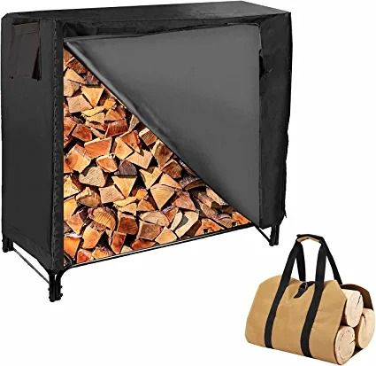 Photo 1 of 4-foot Fire Wood Racks Outdoor with Waterproof Cover and Wood Carrier Tote, Heavy Duty Log Rack Wood Holders Storage Set, Black Steel Tubular Lumber Rack & Cover, Brown Tote
