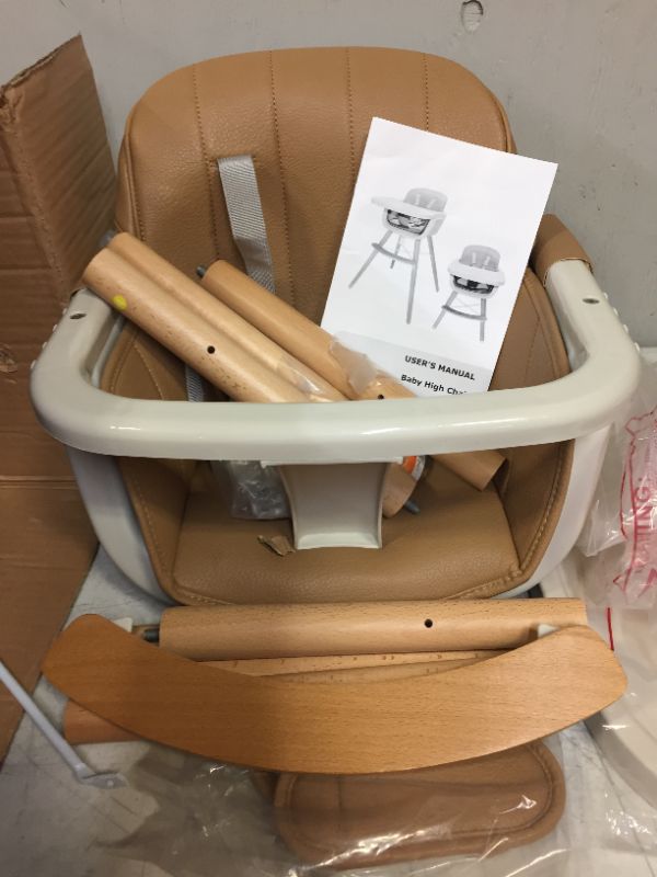 Photo 3 of 3-in-1 Wooden High Chair Made of Sleek Hardwood & Premium Leatherette,Baby High Chair with Adjustable Legs & Dishwasher Safe Tray,Brown