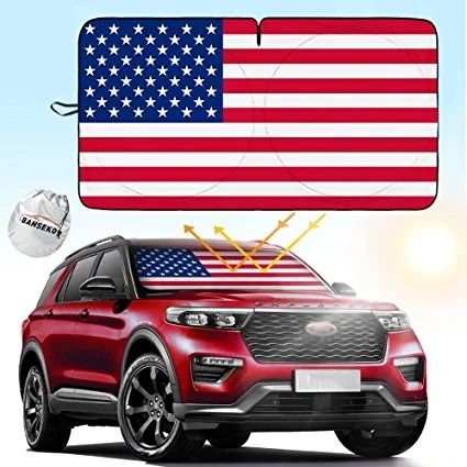 Photo 1 of Banseko Car Windshield Sunshade American Flag Design, Auto Heat Shield Reflector Cover,USA FlagPatriotic Design Windshield Shade,Foldable Sunlight Blocker Reflective Sun Visor (Medium 64"x33.5")
