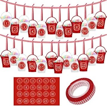 Photo 1 of 24 Pcs Christmas Advent Calendar Buckets 2022 Christmas Countdown Calendar Mini Galvanized Buckets with Christmas Advent Calendar Stickers Gingham Ribbon for Christmas Countdown DIY Home Decoration
