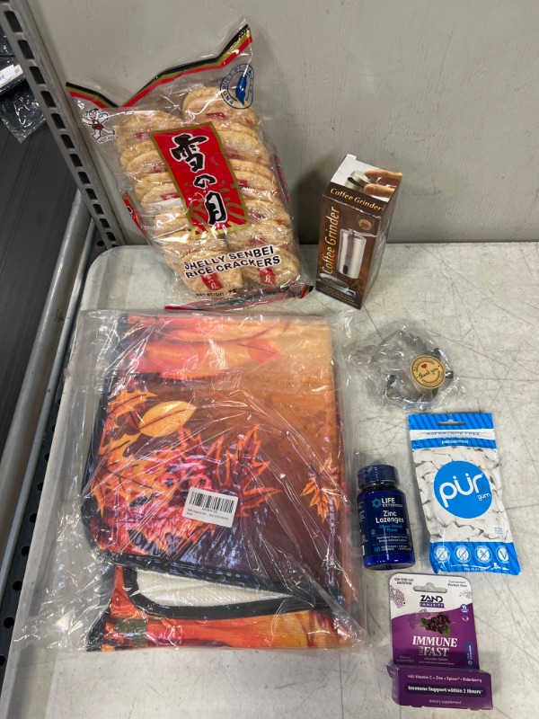 Photo 1 of 7 Pc Kitchen/Food Items Bundle. Various expirirations pictured. 1 Manual Coffee Grinder, 1 Pumpkin Floor Mat (20 x 39 inch) , 1 Rice Crackers, 1 Maple Leaf Cookie Cutter, 1 Gum, 1 Zinc Lozenges, 1 Immune Fast
