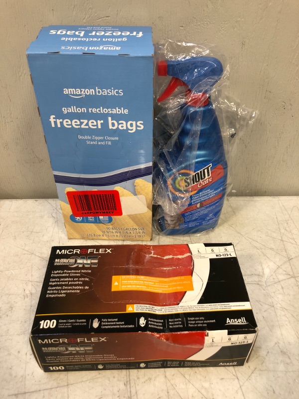 Photo 1 of 3 PC HOUSEWARE BAGGED BUNDLE- 1 Shout Spray, 1 Count of 90 Freezer Bags, 1 Count of 100 Disposable Gloves, Size Large