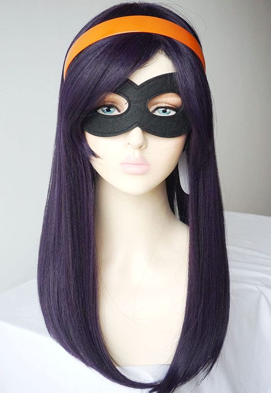 Photo 1 of Black Purple Straight wig with orange headband, Elastigirl cosplay wig from The incredibles cosplay wig with Juice headband and mask synthetic Halloween wig for women the incredibles cosplay (Black &Purple)