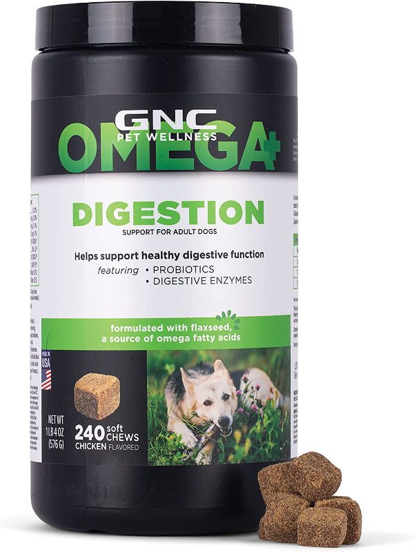 Photo 1 of GNC Pets Omega Digestion Dog Supplements for Adult Dogs with Omega Fatty Acids & Flaxseed, 240 ct | Chicken Flavor Soft Chews for Digestive Health | with Probiotics, Digestive Enzymes, & Papaya
-UNOPENED-
BEST BY 01/23/23
