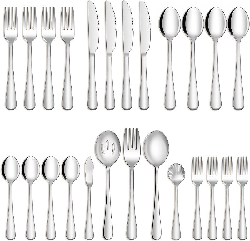 Photo 1 of  25-Piece Silverware Set with Serving Utensils for 4, Food Grade Stainless Steel Flatware Cutlery Set for Home and Restaurant, Fork Spoon Knife Set, Mirror Finish, Dishwasher Safe