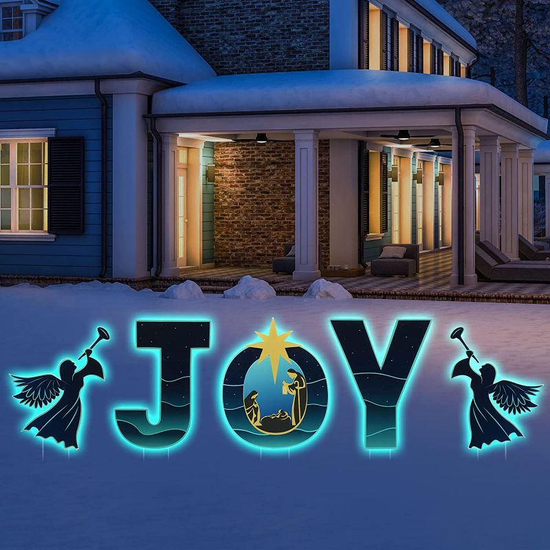 Photo 1 of  5 Pcs Outdoor Christmas Decorations Joy Nativity Yard Signs Reflective Holy Sets for Lawn Manger Scene Religious Xmas Church Home Party