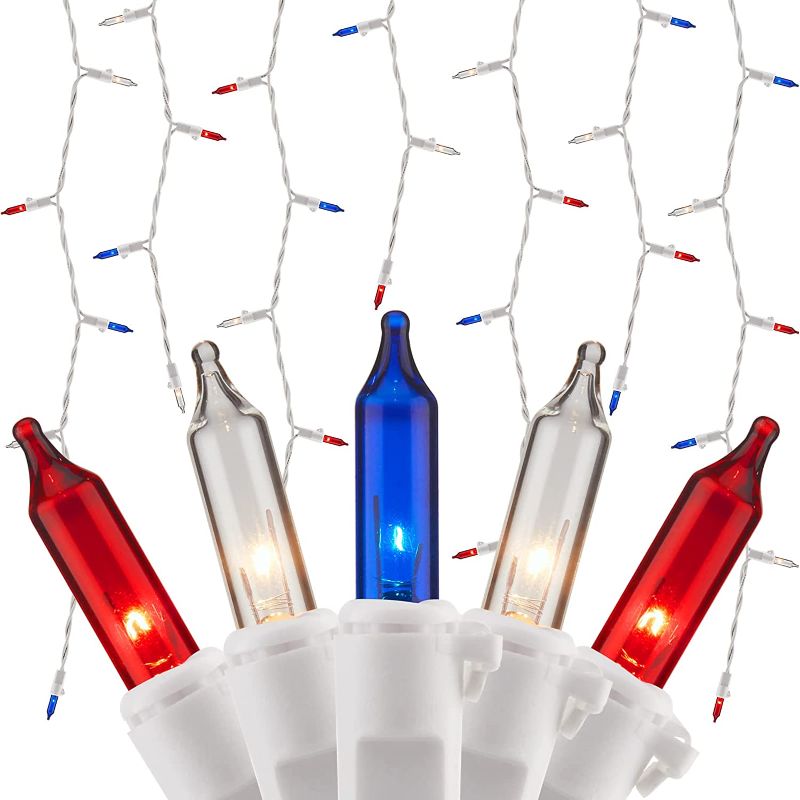 Photo 1 of 4th of July Decor Patriotic String Lights - 150 Count 27 Drops Red White Blue Incandescent Bulb Waterproof Connectable String Lights Plug in for Indoor Outdoor Party Patio Independence Day Decor
