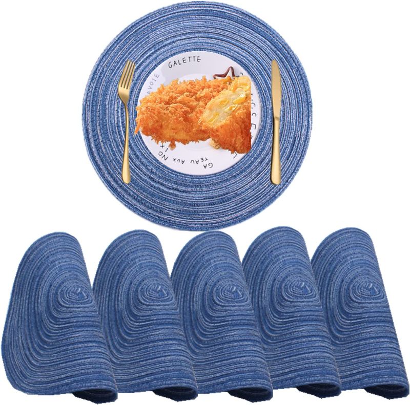 Photo 1 of 14 Inch Round Placemats for Dinner Table Set of 6 Heat Resistant Cotton Polyester Braided, Table Mats for Dinner Parties, Restaurants and Everyday Use(Blue, 6)
