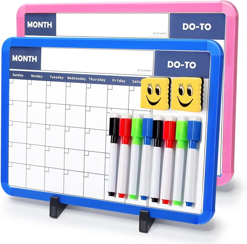 Photo 1 of 2Pack Kids White Board Calendar Desktop with Adjustable Stand, 8Markers, 2Erasers, 2-Sided Magnetic Small Dry Erase Board Tabletop Easel for Home Office, Blue&Pink Frame, 10x14"
