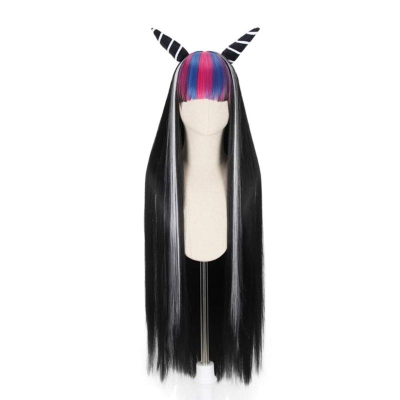 Photo 1 of Ani·Lnc Long Straight Mioda Ibuki Wigs Black Mixed Rainbow Anime Halloween Cosplay Wig for Women Girls with Cap
