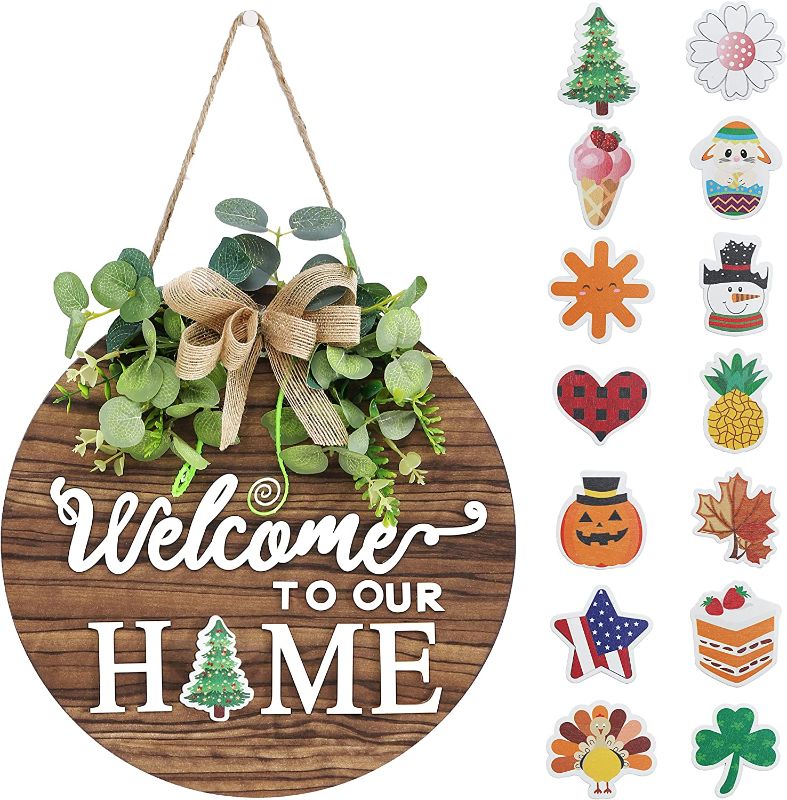 Photo 1 of Interchangeable Seasonal Welcome Sign Front Door Decoration, Rustic Round Wood Wreaths Wall Hanging Outdoor, Farmhouse, Porch, for Spring Summer Fall All Seasons Holiday Halloween Christmas.
