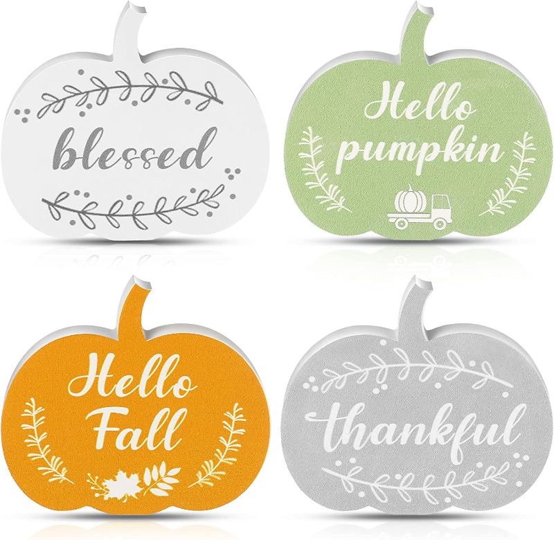 Photo 1 of 4 Pieces Pumpkin Decor Fall Signs Fall Decorations for Home Tiered Tray Decor Wooden Pumpkin Block Sign Rustic Wood Thanksgiving Decorations Farmhouse Decor for Home Harvest Office Housewarming Party
