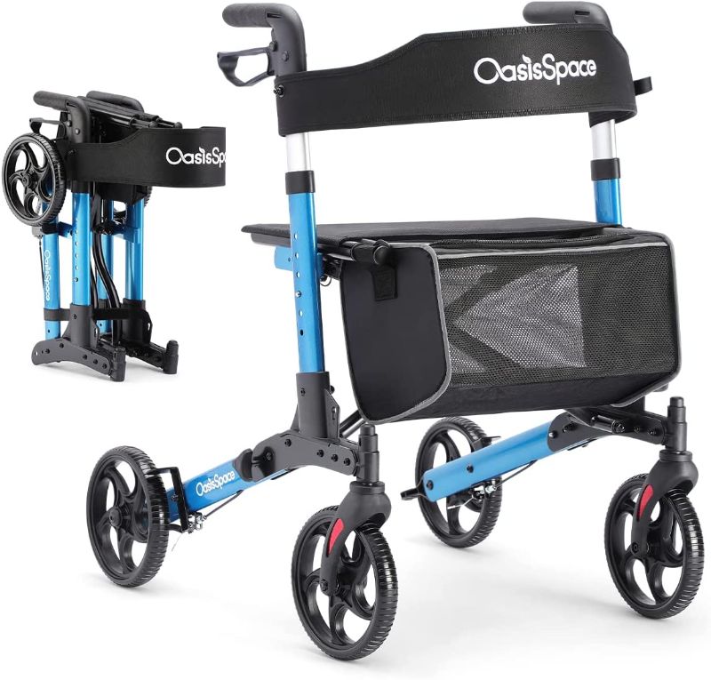 Photo 1 of OasisSpace Ultra Folding Rollator Walker with Built-in Cable, Compact Design Rollator Walker with Seat & 8 inches Antiskid Wheels,Baking Finish Walkers for Senior (Blue)
