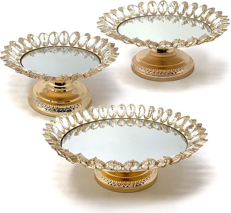 Photo 1 of Allgala 3 Piece Set Crystal Gold Plated Cheese Dessert Cupcake Cake Stand with Mirror Plate-Gold Lotus-HD89207
