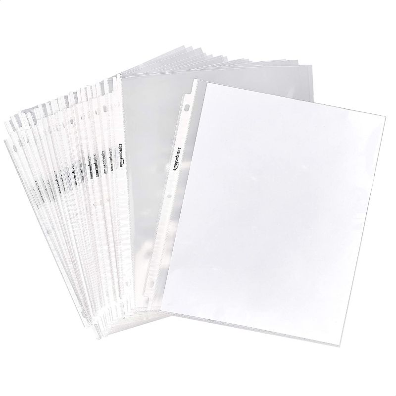 Photo 1 of Amazon Basics Clear Sheet Protectors for 3 Ring Binder, 8.5 x 11 Inch, 
UNKNOWN AMOUNT OF SHEET PROTECTORS
