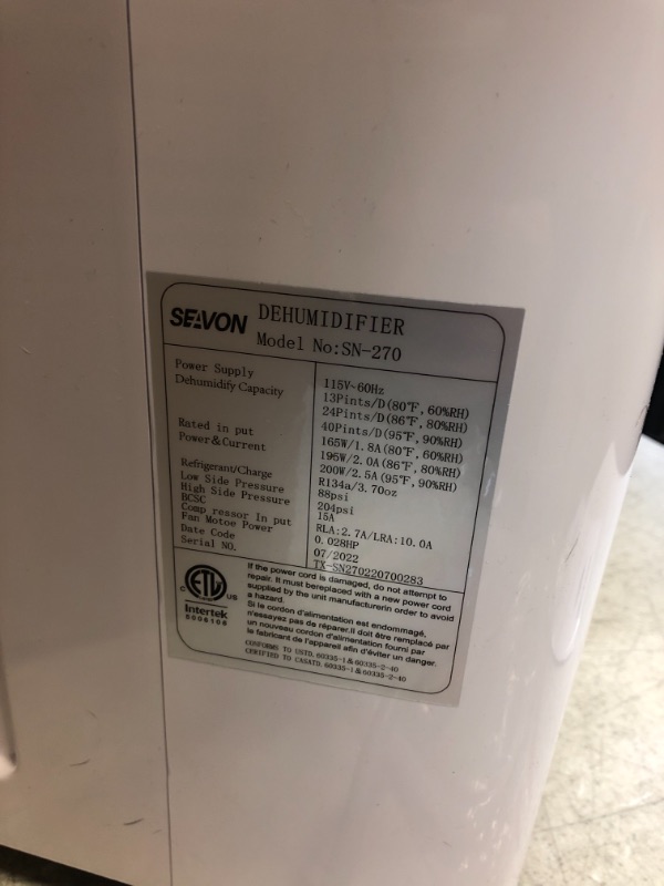 Photo 5 of 30 Pint Dehumidifiers for 2000 Sq. Ft Home Basements with Drain Hose, SEAVON Dehumidifier with Auto and Manual Drainage, 12 Hours Timer, Child Lock, Dry Clothes, Intelligent Humidity Control for Bedroom, Bathroom, Laundry Room, Office
OPEN BOX ITERM 