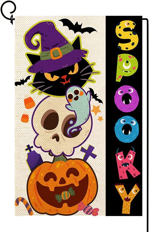 Photo 1 of 2 COUNT Baccessor Halloween Spooky Garden Flag Double Sided Vertical 12×18 Inch Black Cat Skeleton Ghost Jack O Lantern Pumpkin Yard Flag for Fall Autumn Rustic Farmhouse Seasonal Holiday Decoration