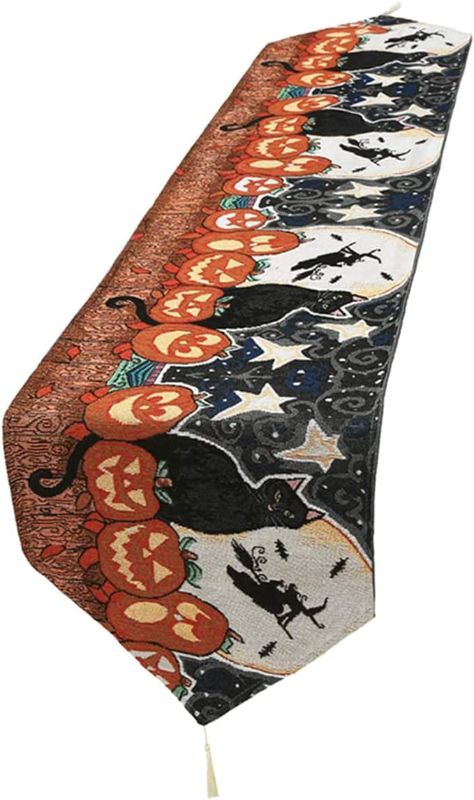 Photo 1 of bouti1583 Halloween Table Runner, Jack-O-Lantern Pumpkin Black Cat Witch Cotton Linen Tablercloth 13x71 Inch Home Kitchen Farmhouse Coffee Dining Table Decoration Scarf Decor for Party Holiday