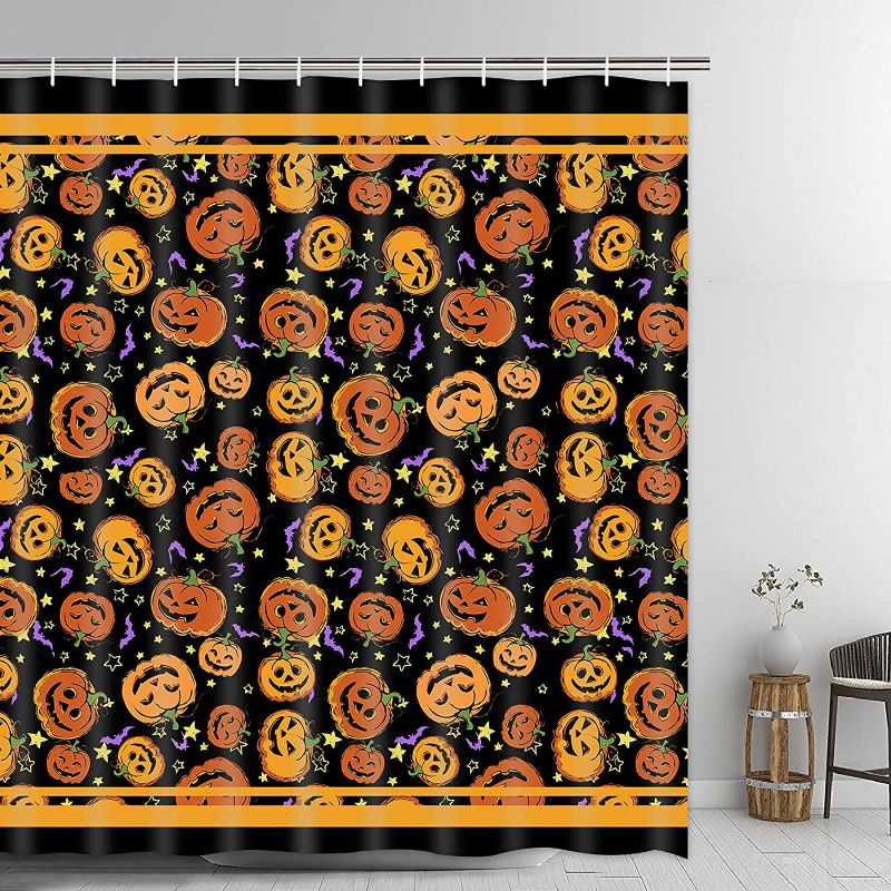 Photo 1 of Alishomtll Halloween Shower Curtain, Funny Pumpkin Shower Curtain with 12 Hooks, Cartoon Bat Star Bathroom Curtain, Waterproof Fabric Black and Orange Shower Curtains for Kids Adults 69 inch × 70 inch