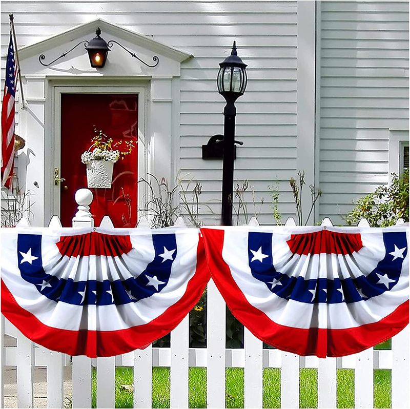 Photo 1 of American Pleated Fan Flag, 3 X1.5 Ft USA Patriotic Half Fan Bunting Flag Banner Decoration for 4th of July Memorial Day Independence Day, 2 Pack