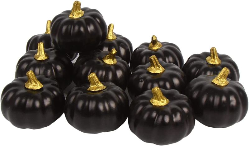 Photo 1 of CCINEE 12 PCS Halloween Black Artificial Pumpkins, Lifelike Mini Fake 3.1in Rustic Fall Harvest Decoration for Harvest Halloween Party Thanksgiving Home Decor and Displaying