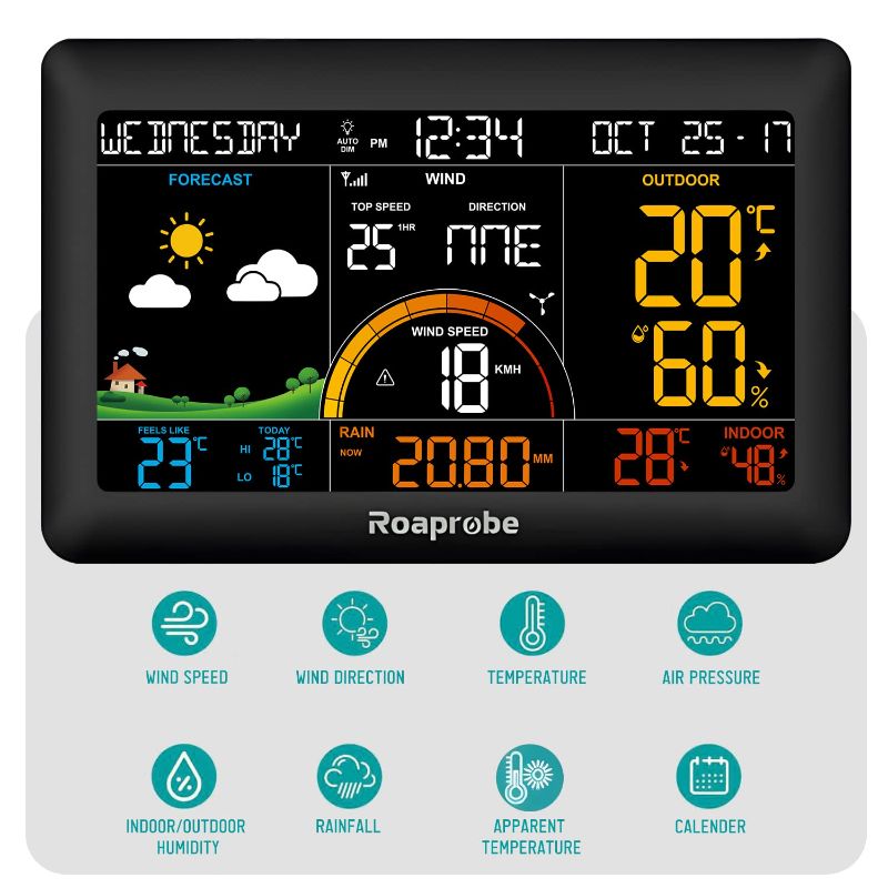 Photo 2 of Weather Station Wireless Indoor Outdoor Thermometer, 6-in-1 Weather Station with Temperature, Humidity, Wind Gauge, Rain Gauge, Weather Forecast(Next 8-24 Hours)