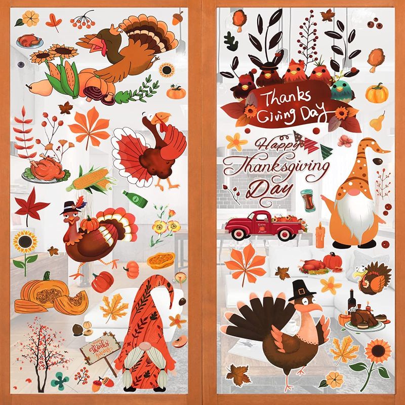 Photo 1 of 2 COUNT QUCHENG Thanksgiving Turkey Windows Clings Gnome Tomte Decals Stickers Fall Pumpkin Glass Decorations Supplies 173 PCS