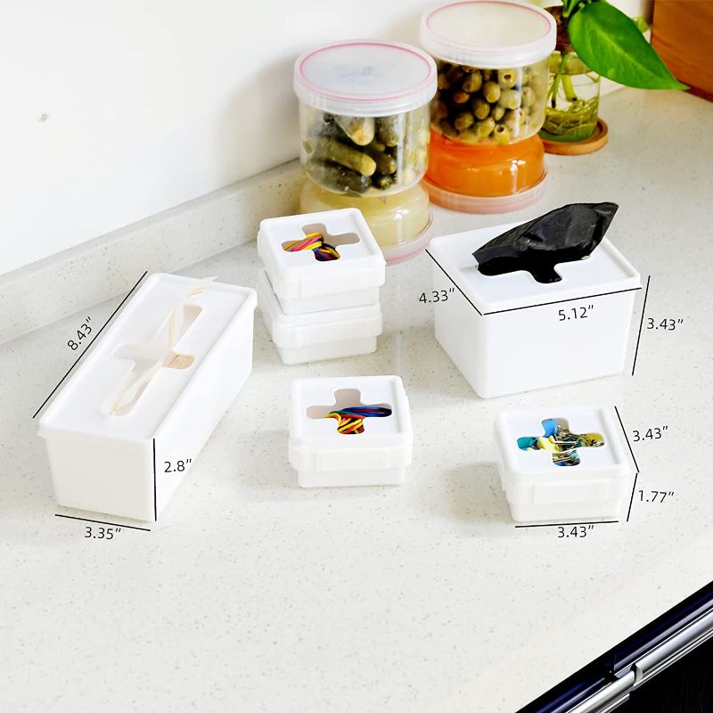 Photo 2 of AIxibu 6 Pcs Small Plastic Storage Bins with Cross Opening Lid for Kitchen Drawer?Dresser?Office,Holds Ziplock Bags,Trash Bags,Sealing Clips,Paper Clip