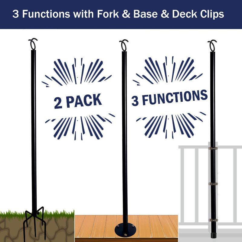 Photo 2 of 2 Pack 9ft String Light Poles with Upgrade Hooks, Premium 3 Functions Steel Lighting Pole - with Sturdy 5-Prong Fork and Metal Base, Poles for Outdoor String Lights - Party, Deck, Wedding Decorations