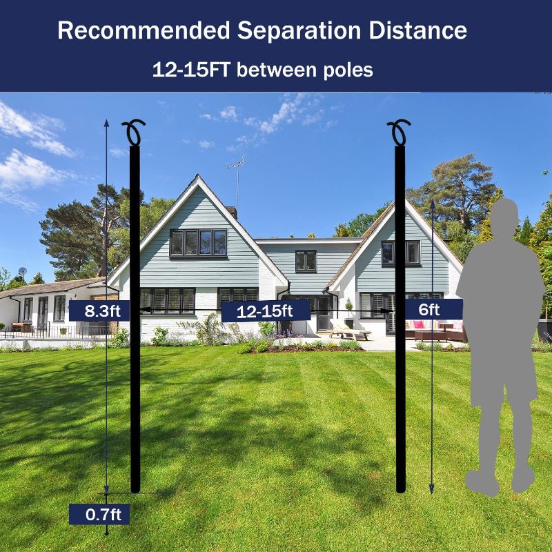 Photo 1 of 2 Pack 9ft String Light Poles with Upgrade Hooks, Premium 3 Functions Steel Lighting Pole - with Sturdy 5-Prong Fork and Metal Base, Poles for Outdoor String Lights - Party, Deck, Wedding Decorations