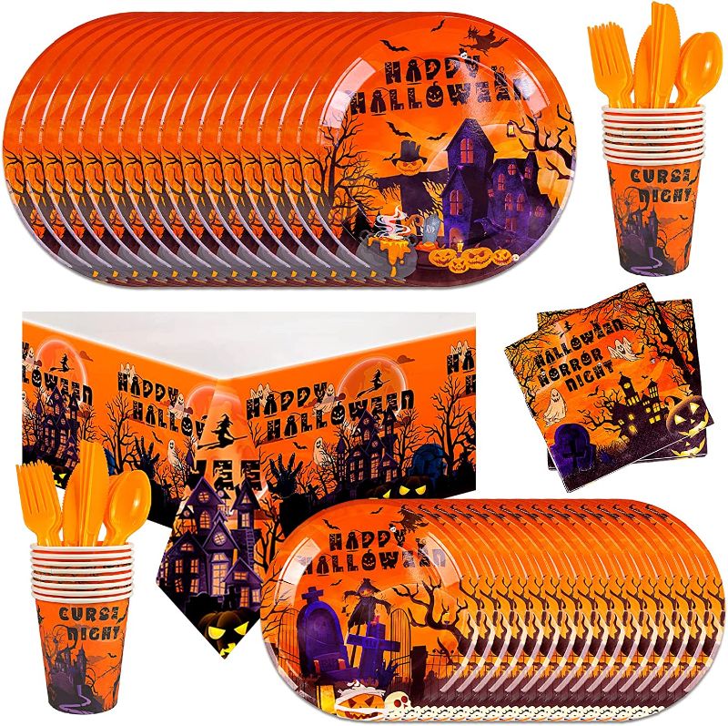 Photo 1 of 113PCS Halloween Party Supplies Tableware Set-Halloween Plates Cups Forks Tablecloths Halloween Decorations, Disposable Paper Dinnerware for Halloween Birthday Party Favors 16 Guests