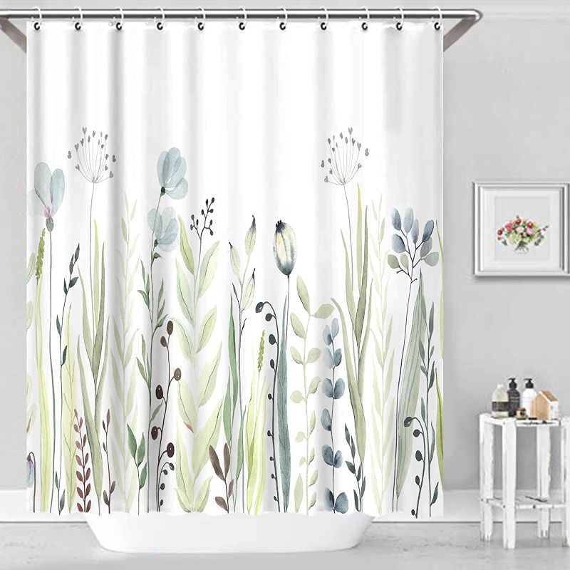 Photo 1 of AOKE Floral Shower Curtain 72 x78 Inches, Waterproof Fabric Watercolor Green and Blue Plant Leaves Bathroom Shower Curtains Set with 12 Plastic Hooks, Weighted Hem, Durable, Washable (Blue)