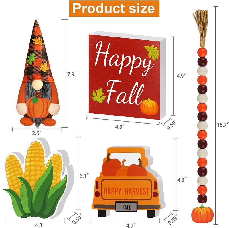 Photo 1 of 5Pcs Fall Tiered Tray Decor, Fall Harvest Wooden Signs, Pumpkin Bead Garland & Mini Plush Gnome Decor for Tiered Tray, Rustic Farmhouse Fall Thanksgiving Autumn Home Decor (Tray Not Included)