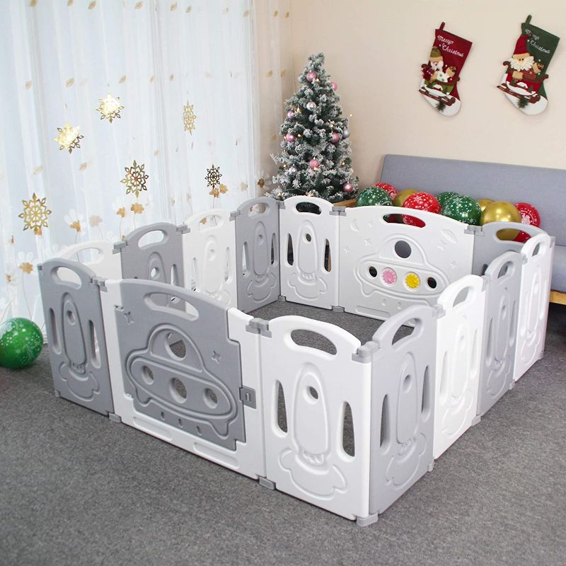 Photo 2 of Foldable Baby playpen Baby Folding Play Pen Kids Activity Centre Safety Play Yard Home Indoor Outdoor New Pen 12+2 Panels (Grey White)