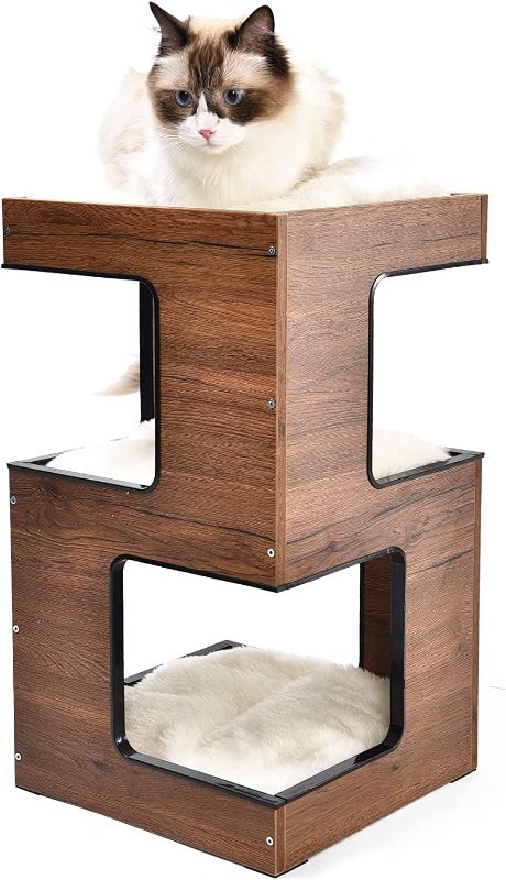 Photo 1 of Yokee Modern Cat Tree for Indoor Cats - 23.54 Inch Cat Tower , 3 Levels Spacious Cat Condo, Cat Furniture Stand House with Removable Soft Cushions, Cat Scratcher Mat and Mouse Spring Toy, Brown