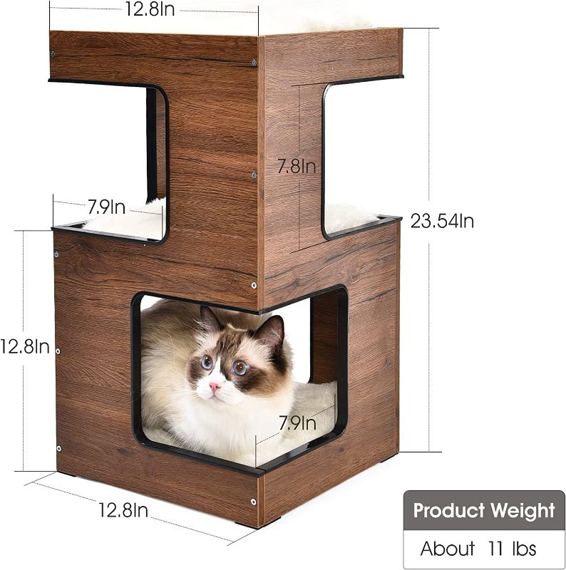 Photo 2 of Yokee Modern Cat Tree for Indoor Cats - 23.54 Inch Cat Tower , 3 Levels Spacious Cat Condo, Cat Furniture Stand House with Removable Soft Cushions, Cat Scratcher Mat and Mouse Spring Toy, Brown