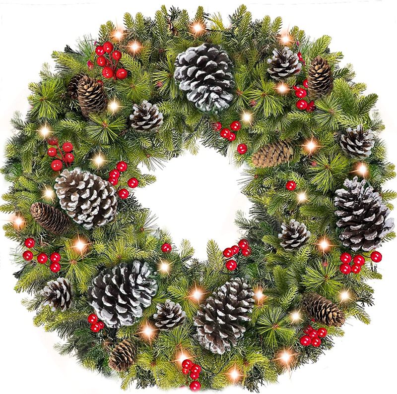 Photo 1 of 30 Inch Super Large Thick Prelit Christmas Wreath Decoration Realistic Feel 80 Lights Timer 280 Tips Giant 17 Pinecone 60 Red Berry Battery Operated Front Door Xmas Decor Indoor Outdoor Home