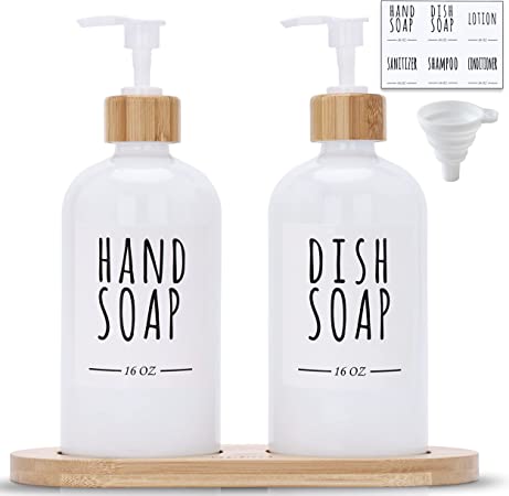Photo 1 of 2 Pack Kitchen Soap Dispenser Set with Bamboo Tray, Glass Soap Dispenser Pump, Hand and Dish Soap Dispenser Set for Bathroom, Refillable Lotion Dispenser Sanitizer Shampoo Conditioner Labels (White)