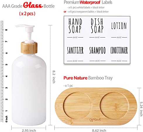 Photo 2 of 2 Pack Kitchen Soap Dispenser Set with Bamboo Tray, Glass Soap Dispenser Pump, Hand and Dish Soap Dispenser Set for Bathroom, Refillable Lotion Dispenser Sanitizer Shampoo Conditioner Labels (White)