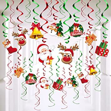 Photo 1 of 30 PCS Christmas Swirls Garland Foil Hanging Ceiling Decoration for Winter Wonderland Holiday Party Supplies with Christmas Deer & Santa Claus & Tree & Gift & bell