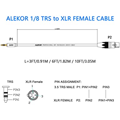 Photo 2 of ALEKOR Unbalanced XLR Female to 3.5mm Cable - XLR to Aux 1/8 Mono Mini Jack Microphone Cable - 3 Foot