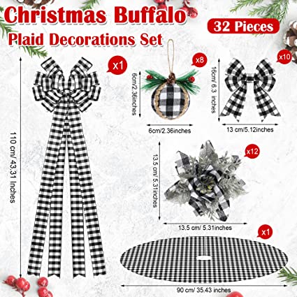 Photo 2 of 32 Pcs Christmas Buffalo Plaid Decorations Set, Include Christmas Plaid Tree Topper Bows, Buffalo Plaid Fabric Ball Ornament, Christmas Tree Skirt, Artificial Poinsettia Glitter Flower for Xmas Decor