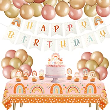 Photo 1 of 78 Pcs Boho Rainbow Birthday Party Decorations Include Bohemian Rainbow Theme Happy Birthday Banner, Boho Cake Topper, Boho Rainbow Balloon, Tablecloth for Neutral Rainbow Birthday Party Supplies