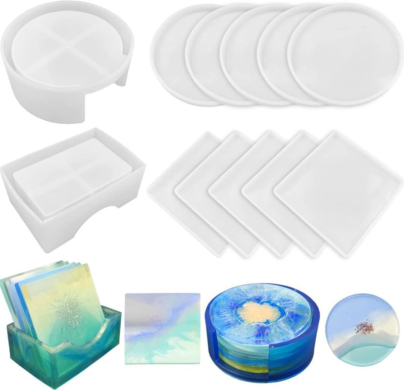 Photo 1 of 12 PCS Coaster Resin Molds Set Silicone Coaster Storage Box Mold in Rectangle Round Silicone Epoxy Casting Mold with 5 Wooden Stirring Sticks 5 Transparent 3ml Dropper for DIY Art Craft Cup Mat
