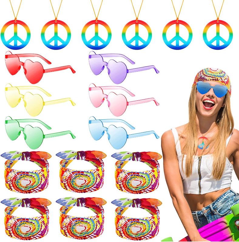 Photo 1 of 18 Pieces Hippie Costume Set Hippie Costume Accessories Peace Sign Necklaces Heart Shape Hippie Sunglasses Tie Dye Headband 60s 70s Rainbow Color Hippie Accessories for Women Men Party Accessories
