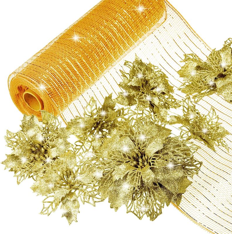 Photo 1 of 20 Pcs Artificial Poinsettia Flowers Glitter Christmas Tree Ornament and 30 Ft mesh Ribbon Rolls Mesh Plastic Ribbon Wreaths Swags for Home Christmas Room Decor (Gold)
