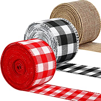 Photo 1 of 3 Rolls 30 Yards Christmas Wired Plaid Ribbon 2 Inches Gingham Buffalo Ribbon Burlap Fabric Craft Ribbon for Christmas DIY Wrapping Bow Craft Making (Red and White, White and Black, Natural Burlap)