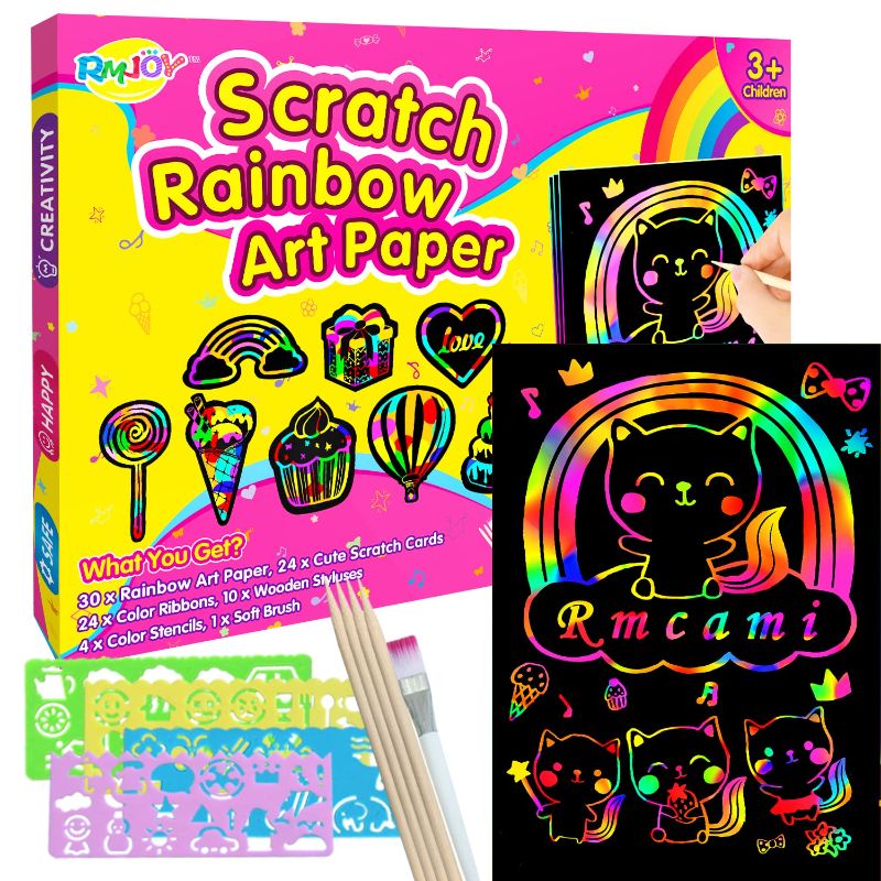 Photo 1 of 2 COUNT- RMJOY Art-Craft Scratch Paper for Girls: Rainbow Art Drawing Paper Party Supplies Set for Kids Teen 3-12 Years Old Preschool Girl Toy Game Gift for Birthday Party Favor|Coloring Fun|DIY Project Cute DIY Cards