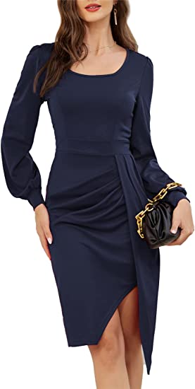 Photo 1 of JASAMBAC Women's Long Sleeve Ruched Bodycon Dress Square Neck Wrap Wear to Work Dresses Dark Blue L