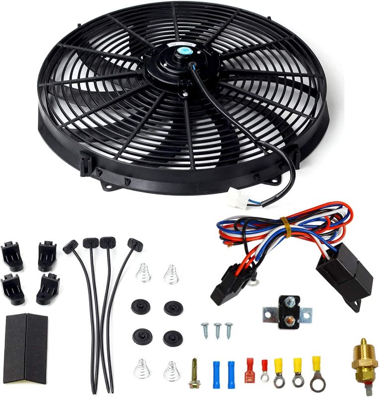 Photo 1 of 16" Black Electric Radiator Cooling Fan Wide S-Curved 10 Blades Thermostat Kit High 3000 CFM Reversible Push or Pull with Mounting Kit Heavy Duty 12Volts
